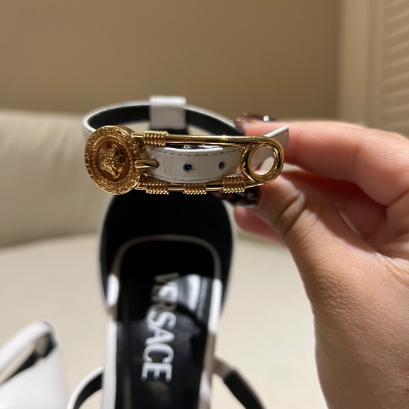 Versace White Safety Pin Heel Sandals - Picture 6 of 6